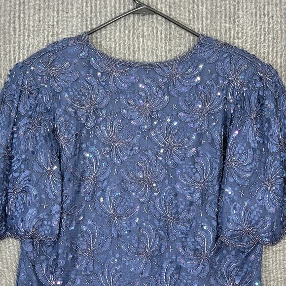 Laurence Kazar Blouse Womens M Blue Short Sleeve Sequin Beaded Shimmer Top - Picture 9 of 13